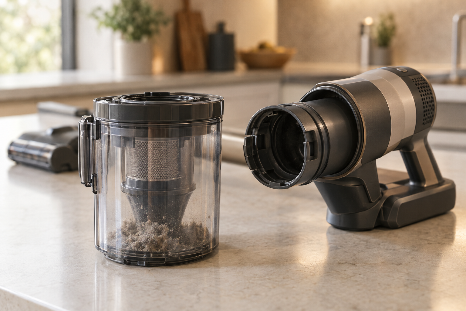 コードレス掃除機のダストカップが本体から外され、キッチンカウンターに置かれている。