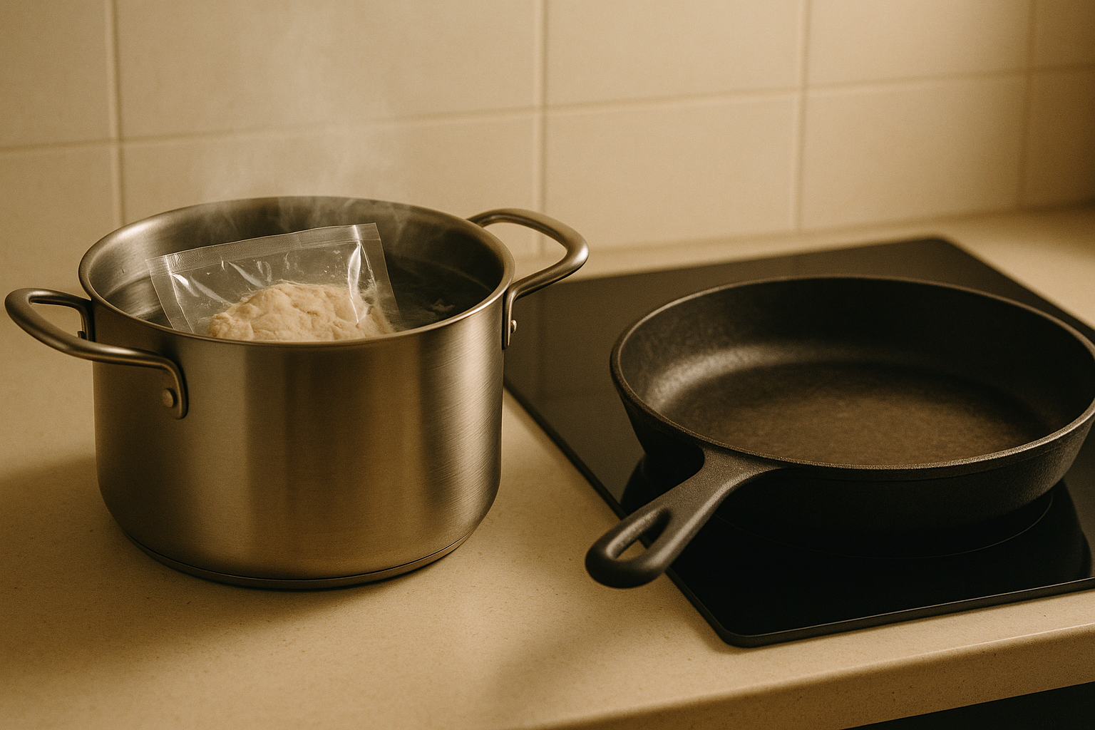 湯気の立つ鍋の中に、密封した袋に入った肉が沈んでいる。その隣のコンロには、まだ何も入っていないフライパンが置かれている。
